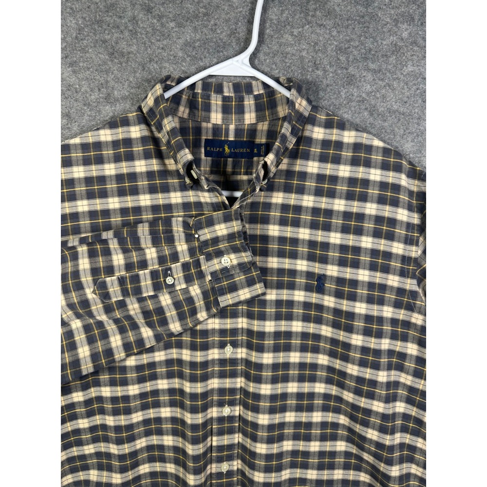 Ralph Lauren Mens XL Plaid Button Down Shirt Navy Blue Yellow Cotton Long Sleeve